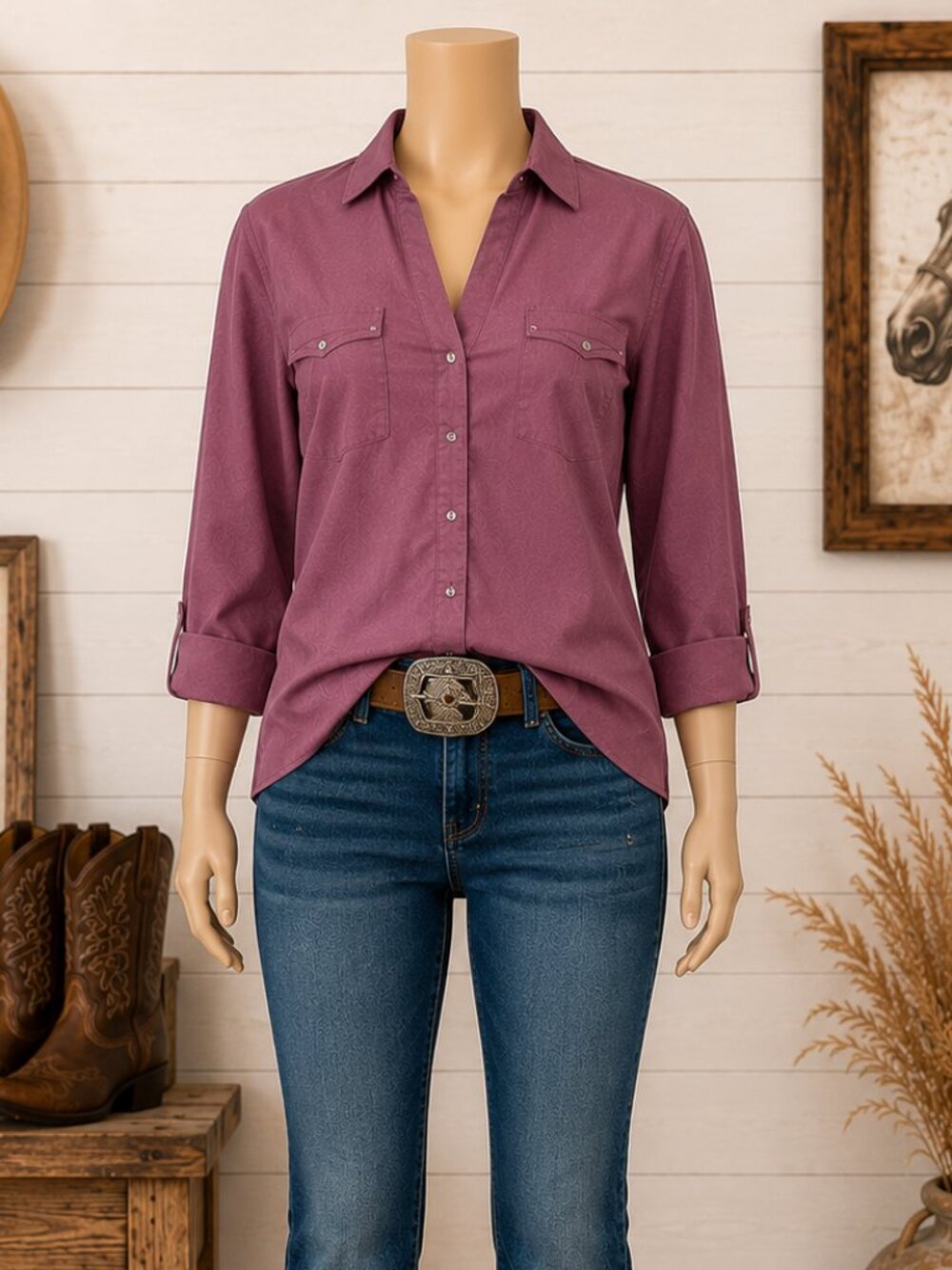 New York & Company 7th Avenue Plum Button-Front Top Size XL